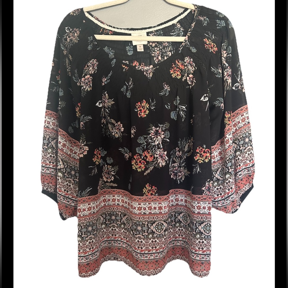 Knox Rose Women’s Medium Peasant Top Floral Puff Sleeve Semi Sheer Boho Black